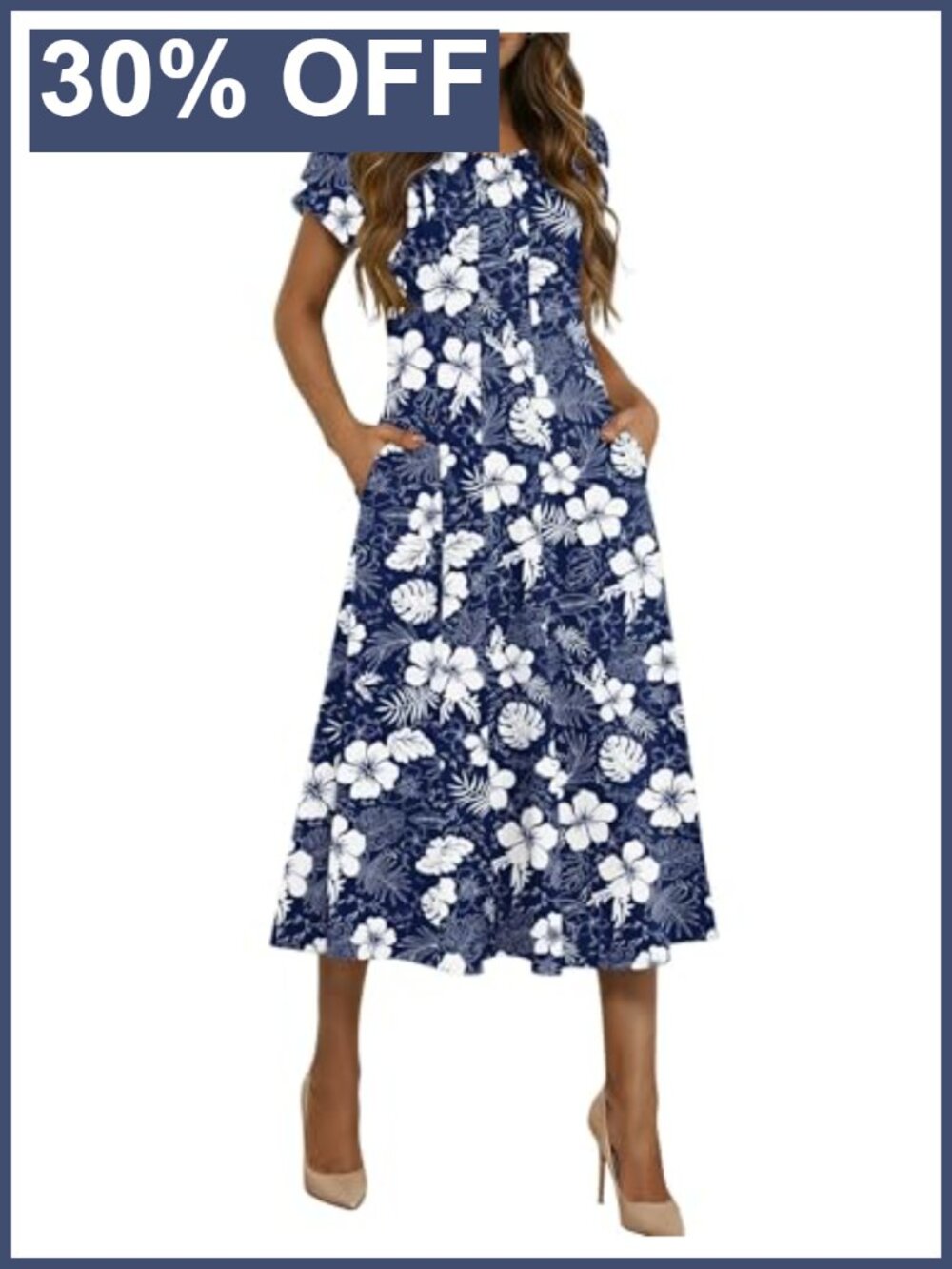Women's Casual Midi Dress Petal Short Sleeve A-Line Pleated Flare Sundress 95%